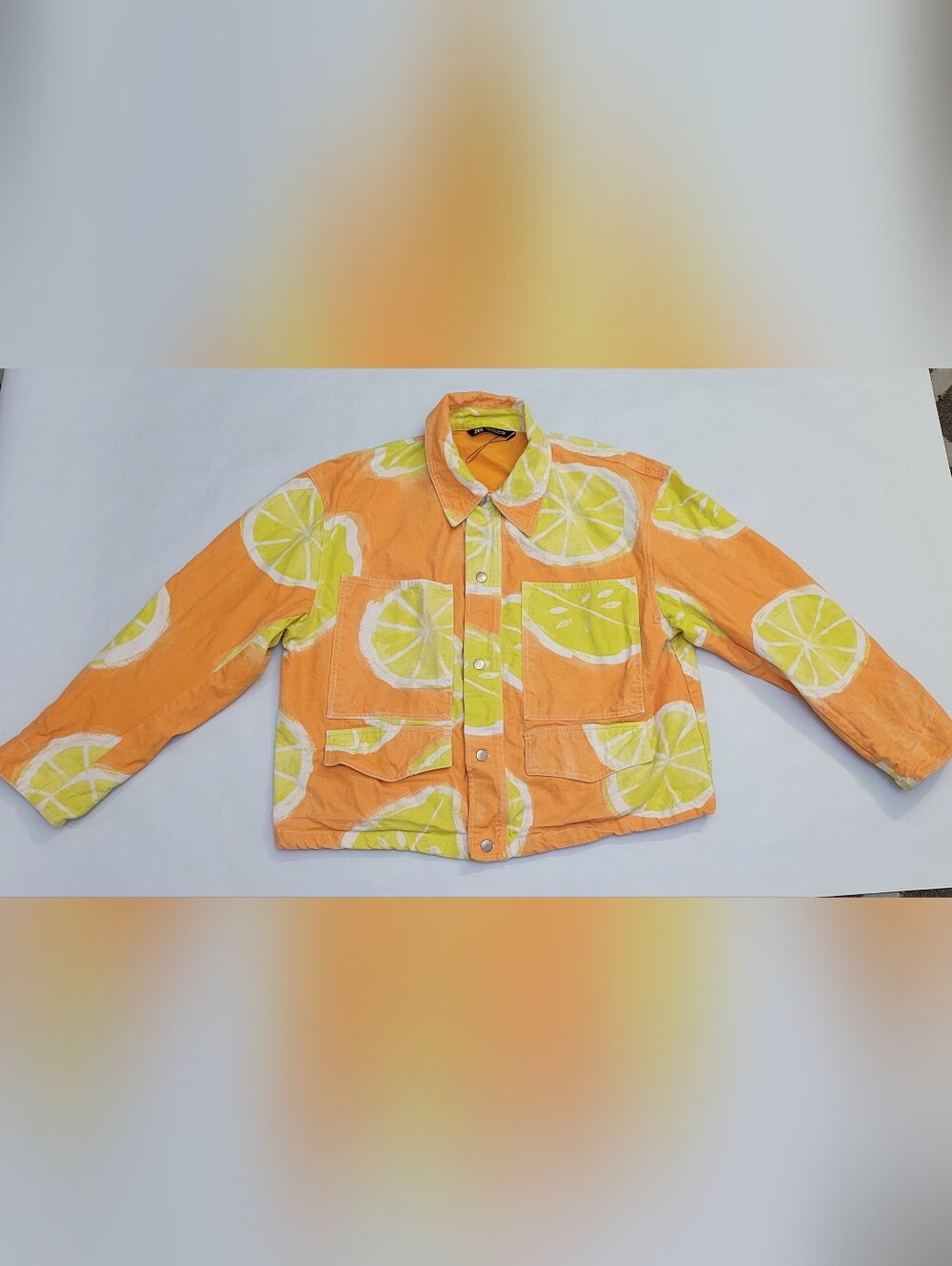 Zara Denim Jacket Men's XL Orange Lemon Print Vibrant Festival Grunge Artsy